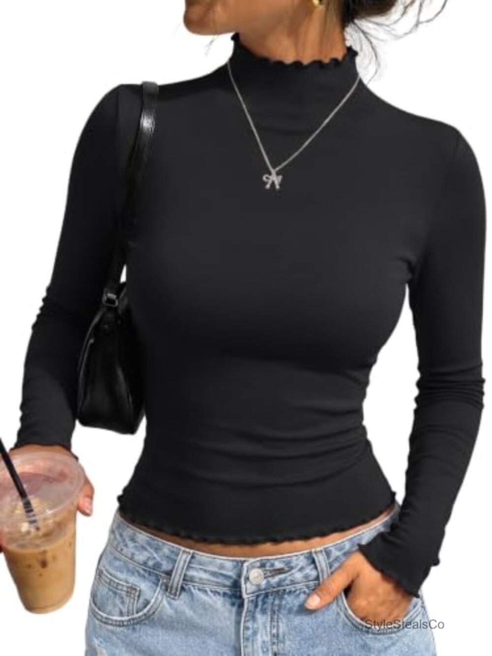 Women's Mock Turtleneck Long Sleeve Crop Top Lettuce Trim Ribbed